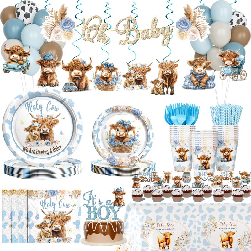 Hombae Highland Cow Baby Shower Decorations for Boy, 199 PCs â€“ Holy Cow Baby Shower Party Supplies Tableware Set with Boho Blue Plates, Napkins, Hanging Swirls, Serve 24 Guests - Image 1