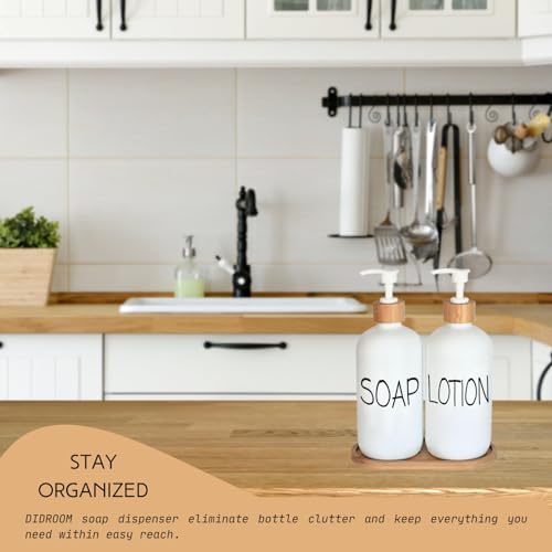 DIDROOM White Soap Dispenser Bathroom Set, Set with Glass Dispenser, Bamboo Pumps & Tray. Hand and Lotion Suitable for Farmhouse Decor - Image 4