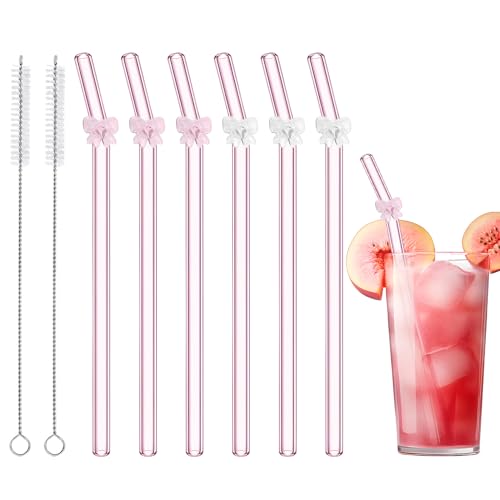 Eremaoy 6 Pack Reusable Glass Straws, 7.9"×8mm Cute Reusable Glass Straw for Party, Bride Gifts, Bachelorette Gifts(Pink Bow) - Image 1