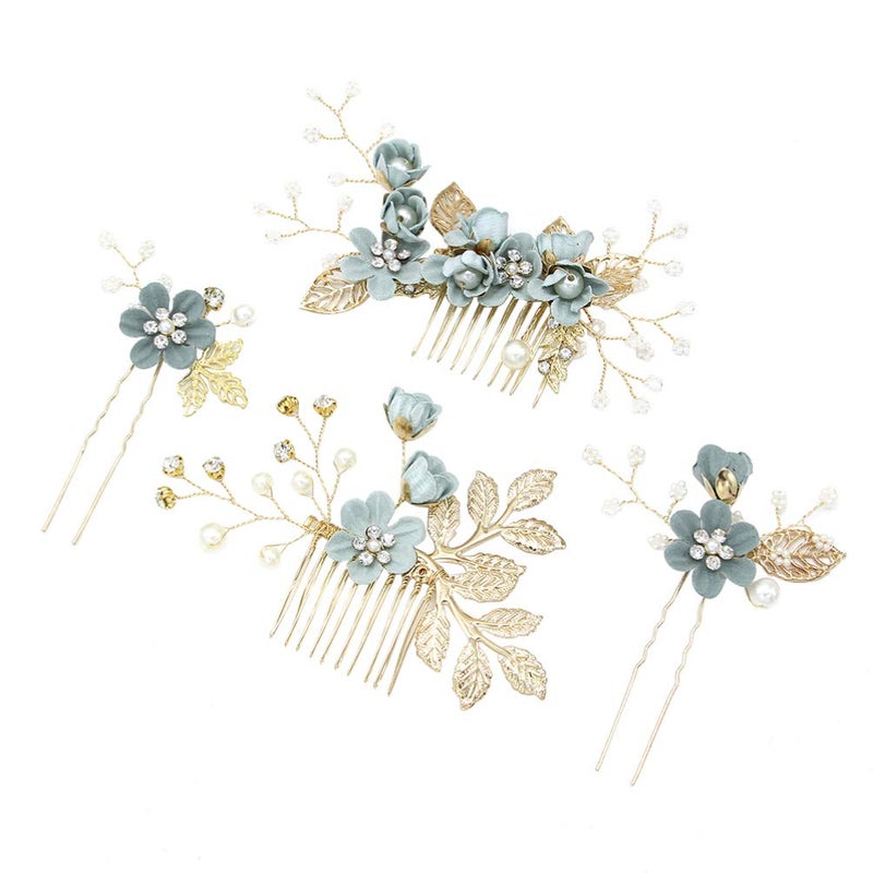 NUOBESTY 4Pcs Wedding Hair Clip Comb Handmade Bridal Hair Clip Pearl Floral Leaf Hair Accessories for Women Wedding  Green