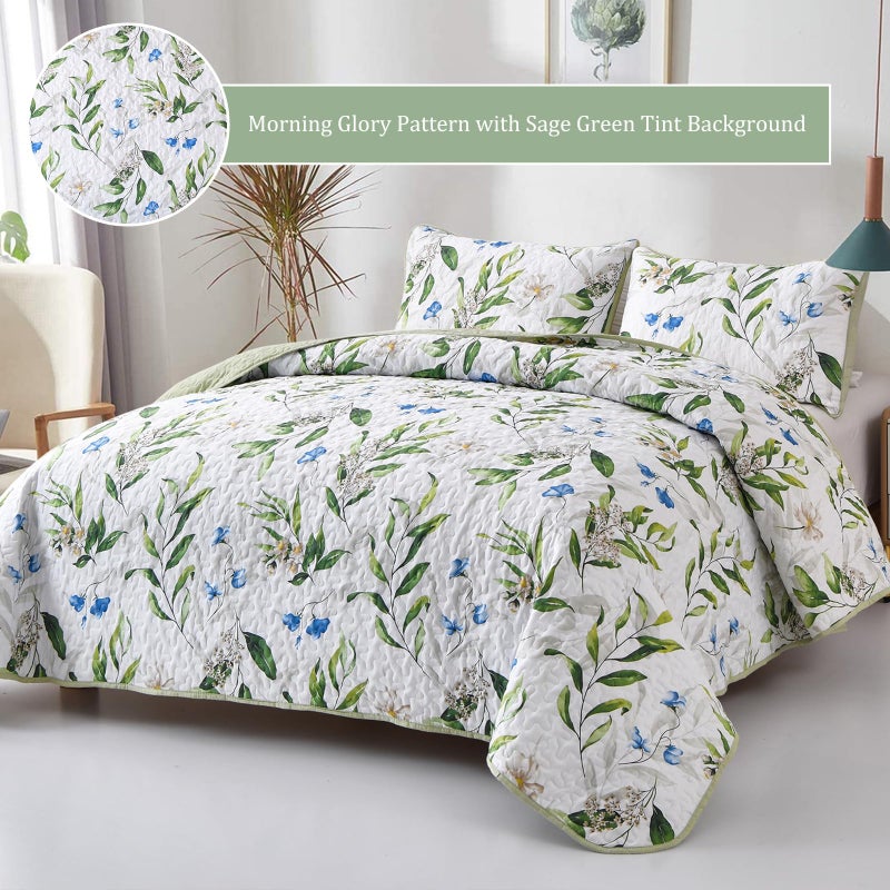 Anibedding Quilt Set King Size Lightweight Sage Green Bedspread 3 Pieces Reversible Floral Bedding Set with 2 Pillowcases for All Season(Sage Green,104"x90") - Image 3
