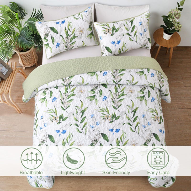 Anibedding Quilt Set King Size Lightweight Sage Green Bedspread 3 Pieces Reversible Floral Bedding Set with 2 Pillowcases for All Season(Sage Green,104"x90") - Image 2