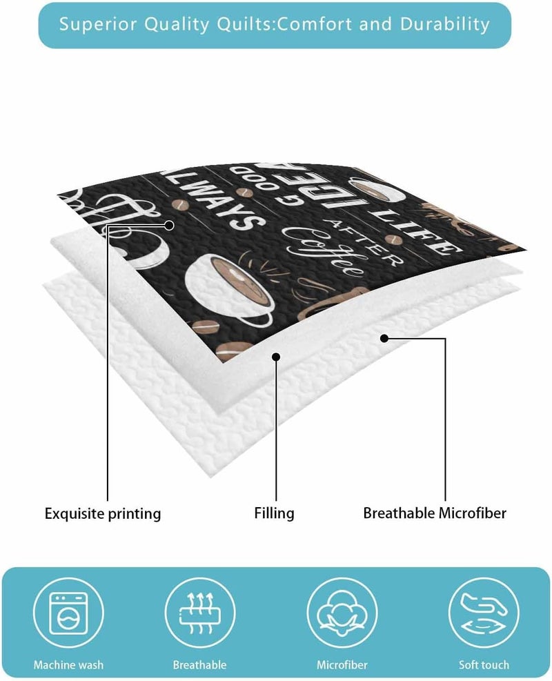 Quilts King Size Bedding Set, Coffee Black Lightweight Quilted Comforter, Brown Beans Cup Dessert Drink Monochrome Soft Reversible Bedspread Coverlet with Pillow Covers for All Season, 96" x 106" - Image 5