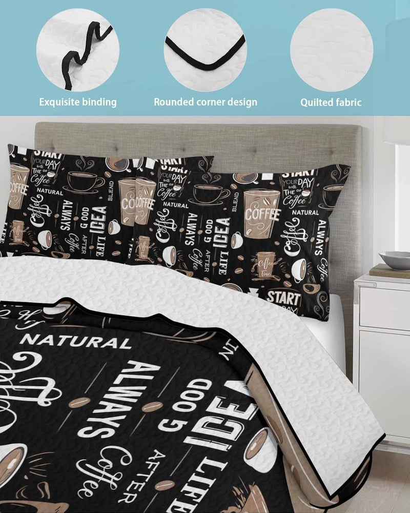 Quilts King Size Bedding Set, Coffee Black Lightweight Quilted Comforter, Brown Beans Cup Dessert Drink Monochrome Soft Reversible Bedspread Coverlet with Pillow Covers for All Season, 96" x 106" - Image 4