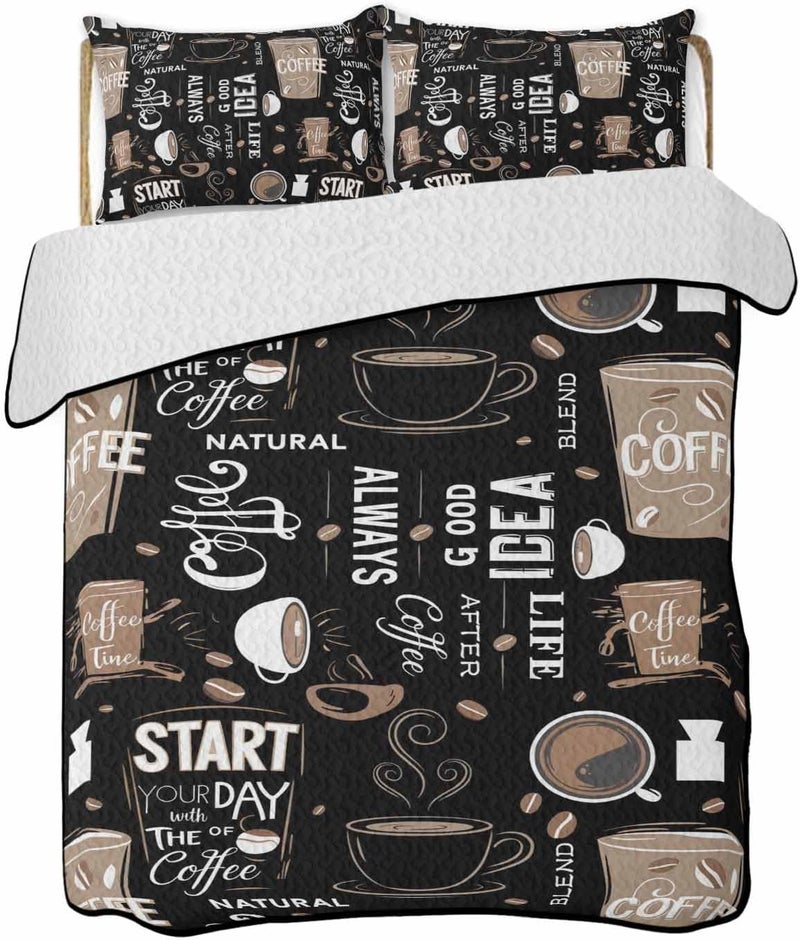 Quilts King Size Bedding Set, Coffee Black Lightweight Quilted Comforter, Brown Beans Cup Dessert Drink Monochrome Soft Reversible Bedspread Coverlet with Pillow Covers for All Season, 96" x 106" - Image 1