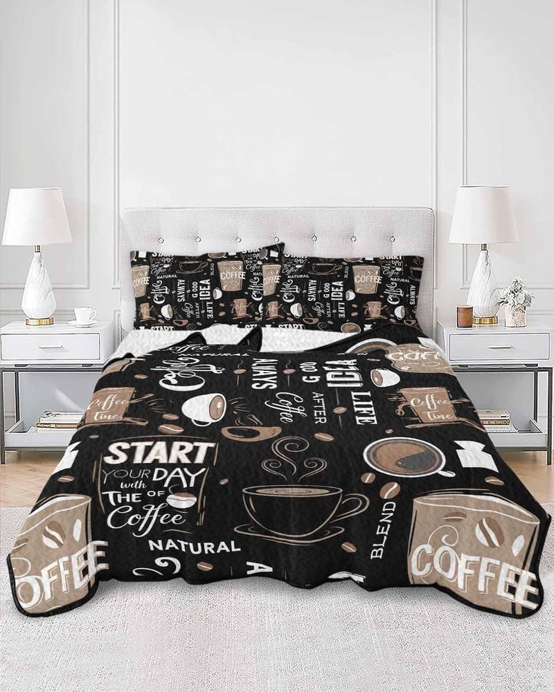 Quilts King Size Bedding Set, Coffee Black Lightweight Quilted Comforter, Brown Beans Cup Dessert Drink Monochrome Soft Reversible Bedspread Coverlet with Pillow Covers for All Season, 96" x 106" - Image 3