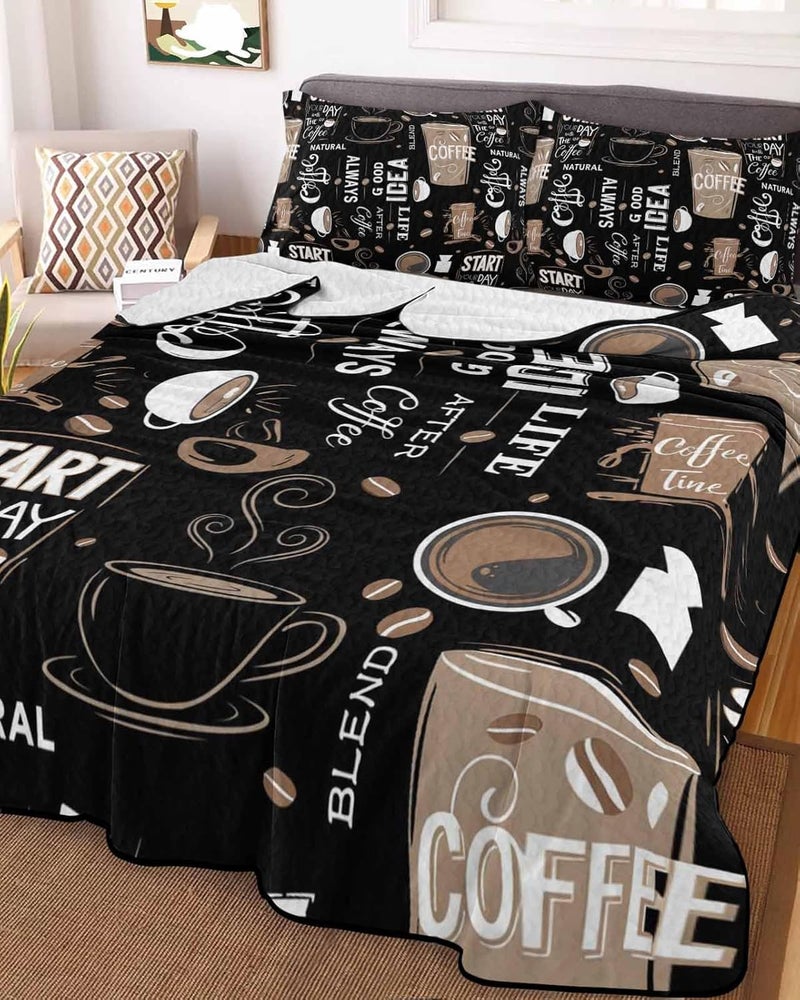 Quilts King Size Bedding Set, Coffee Black Lightweight Quilted Comforter, Brown Beans Cup Dessert Drink Monochrome Soft Reversible Bedspread Coverlet with Pillow Covers for All Season, 96" x 106" - Image 2