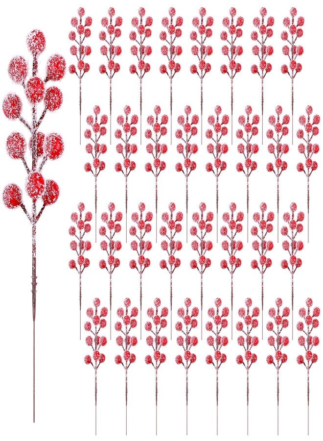 Fangoo 32 Pcs 9" Artificial Christmas Sprays Snowy Red Berry Picks Holly Flocked Red Berry Stems for Christmas Tree Sprigs Fake Frosted Red Berries Branches Winter DIY Crafts Wedding Home Party Decor - Image 1