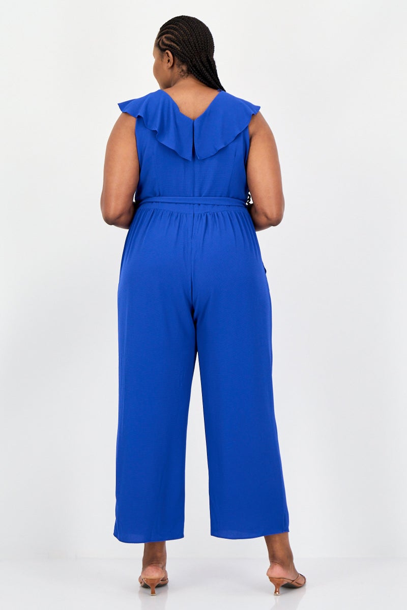 LONDON TIMES Women Plus Size Solid Sleeveless Jumpsuit, Blue - Image 4