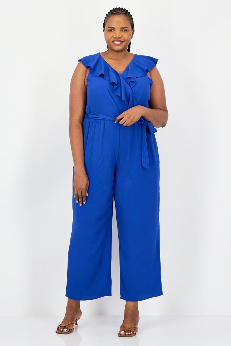 LONDON TIMES Women Plus Size Solid Sleeveless Jumpsuit, Blue - Image 1