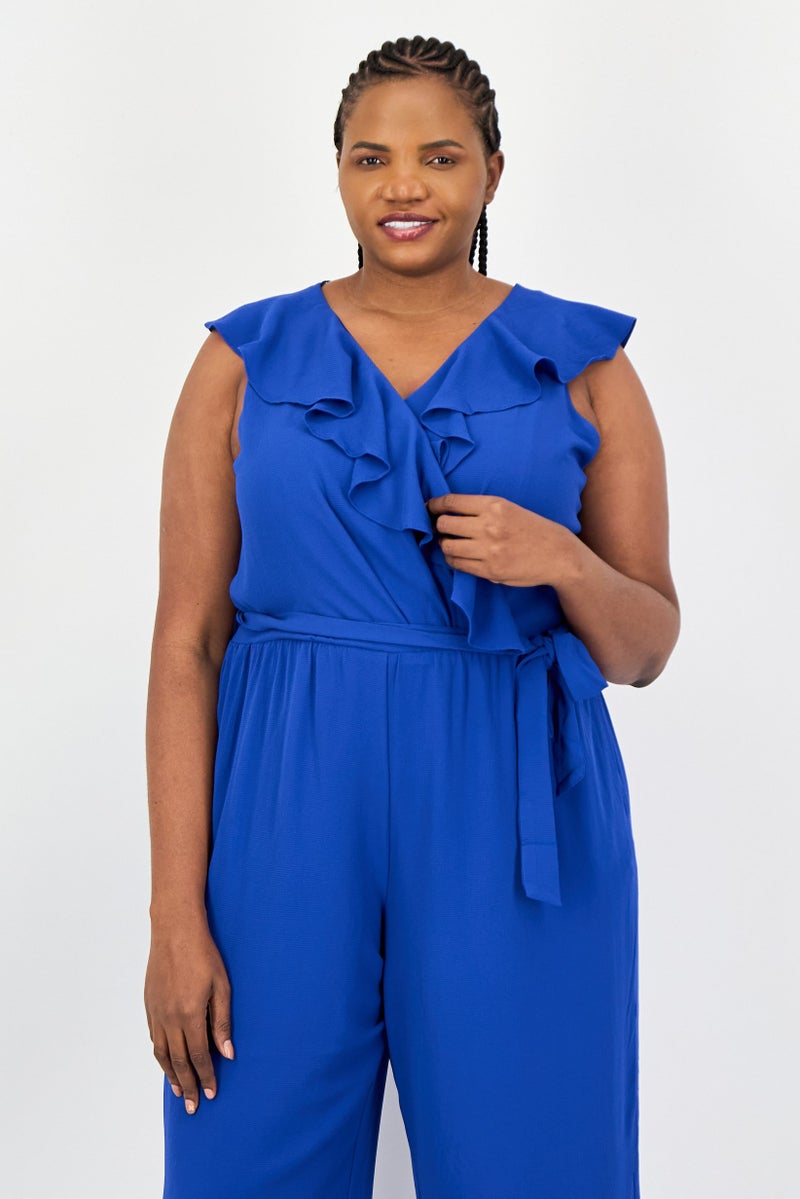 LONDON TIMES Women Plus Size Solid Sleeveless Jumpsuit, Blue - Image 3