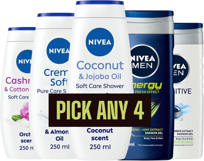 4 x 250ml Nivea Shower Cream and Gel Collection Coconut Jojoba Oil Cashmere Cottonseed Oil Mens Energy Sensitive Pick any 4