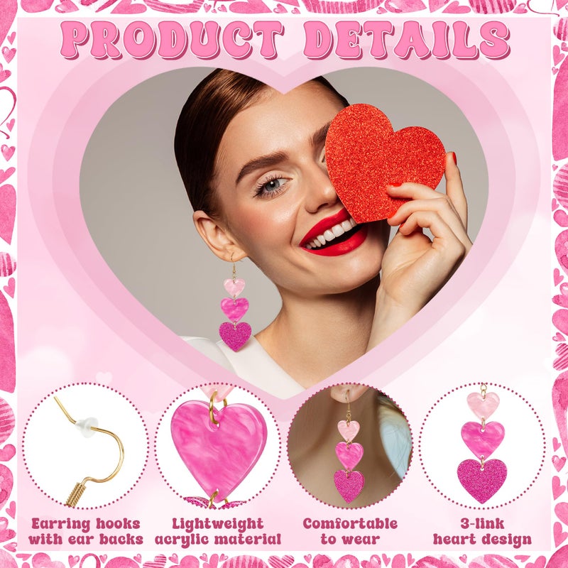 Fullive Valentines Earrings, Acrylic Heart Earrings, Pink Red Valentines Gifts for Her, Galentines Day Jewelry Accessories for Women - Image 3