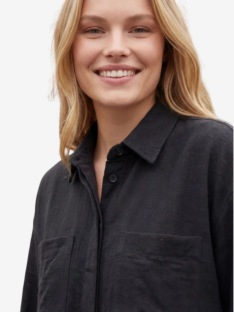 My Fashion Black MY FASHION Linen Blend Casual Button-Up Shirt with Pocket for Women | Best Price UAE