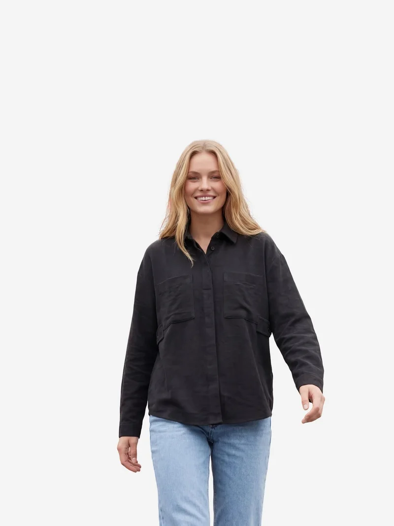 My Fashion Black MY FASHION Linen Blend Casual Button-Up Shirt with Pocket for Women | Best Price UAE