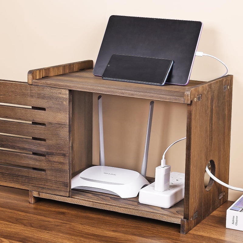 BEARUT Router Shelf Projector Shelf Projector Stand Router Storage Box Modem Cable Router Cover Organized Power Strip Cable Management Hider Rack by Solid Wood Need Assembly SS - Image 4