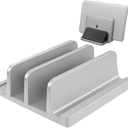 TARKAN Vertical Laptop Holder | 2-Slot Desk Space Saving Organizer Stand Fits All Laptop Sizes (ABS, Silver) - Image 1