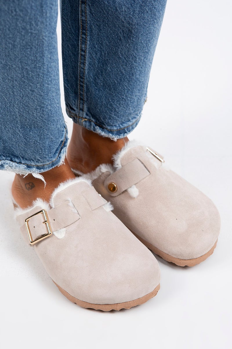Manijero Manjero Zeta Shearling Women's Genuine Leather Buckle Belted Shearling Beige Suede Slippers  - Image 4