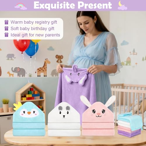 CandyHome 12 PCS Baby Bath Towels Set for Infants Toddlers, 4 PCS Animal Hooded Baby Towels & 8 PCS Washcloths Set, Ultra Absorbent Soft Cute Newborn Bath Essentials Gifts for Boys & Girls - Image 5