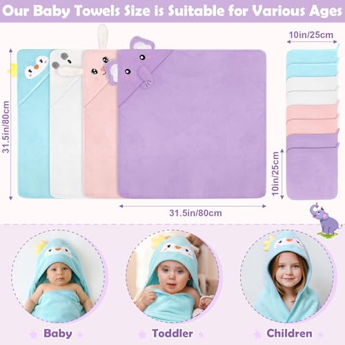 CandyHome 12 PCS Baby Bath Towels Set for Infants Toddlers, 4 PCS Animal Hooded Baby Towels & 8 PCS Washcloths Set, Ultra Absorbent Soft Cute Newborn Bath Essentials Gifts for Boys & Girls - Image 2