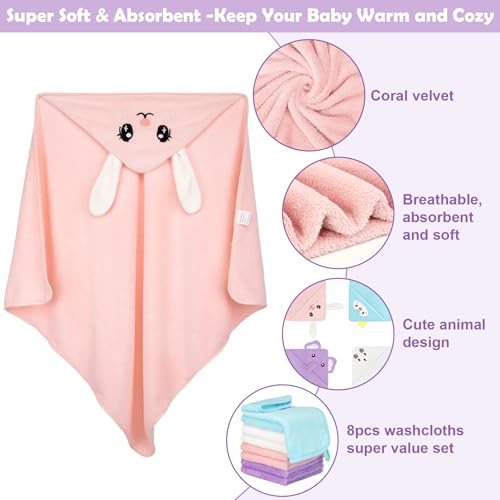 CandyHome 12 PCS Baby Bath Towels Set for Infants Toddlers, 4 PCS Animal Hooded Baby Towels & 8 PCS Washcloths Set, Ultra Absorbent Soft Cute Newborn Bath Essentials Gifts for Boys & Girls - Image 3