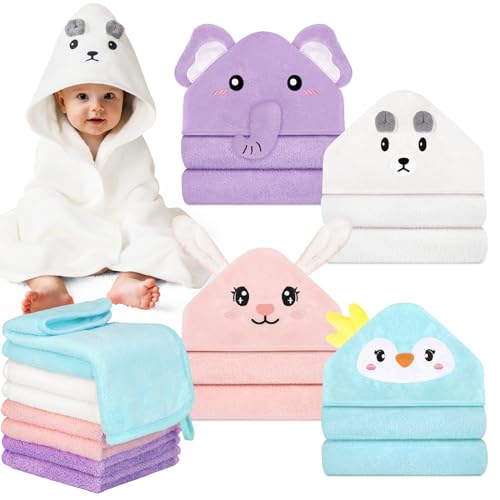 CandyHome 12 PCS Baby Bath Towels Set for Infants Toddlers, 4 PCS Animal Hooded Baby Towels & 8 PCS Washcloths Set, Ultra Absorbent Soft Cute Newborn Bath Essentials Gifts for Boys & Girls - Image 1