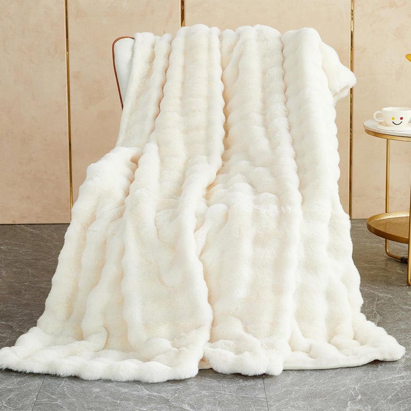SHANNA Soft Warm Rabbit Plush Fleece Blankets Thick 1000 GSM Throws for Sofa Large Fluffy Versatile Blanket Bed Throw for Bedroom Couch Travel Kids Camping White 100  160cm