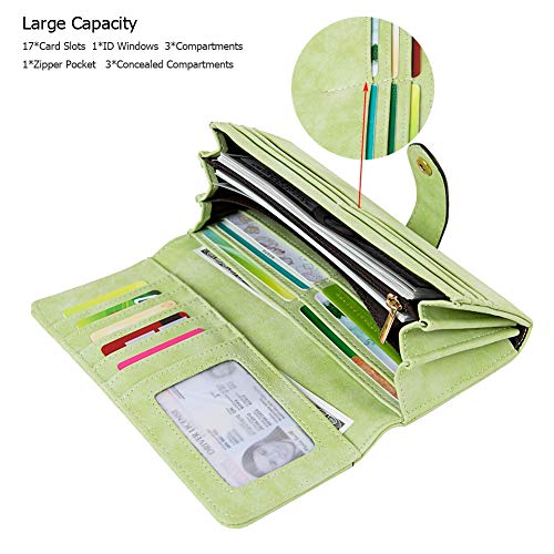 Cynure Women's Vegan Leather 17 Card Slots Card Holder Long Big Bifold Wallet,Light Green - Image 2