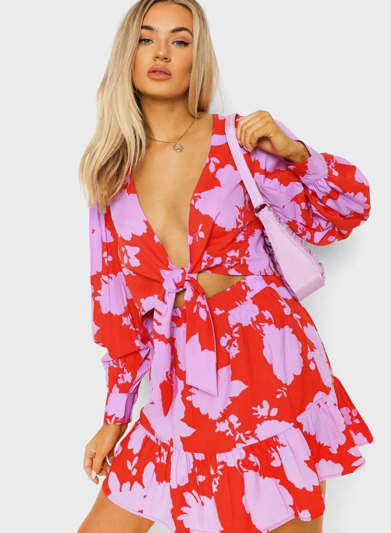 boohoo Tie Detail Printed Top & Skirt Set