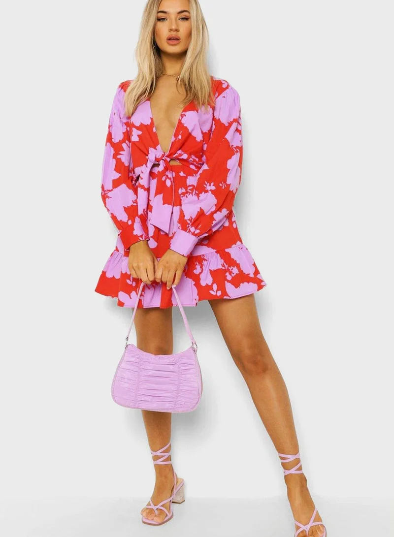 boohoo Tie Detail Printed Top & Skirt Set