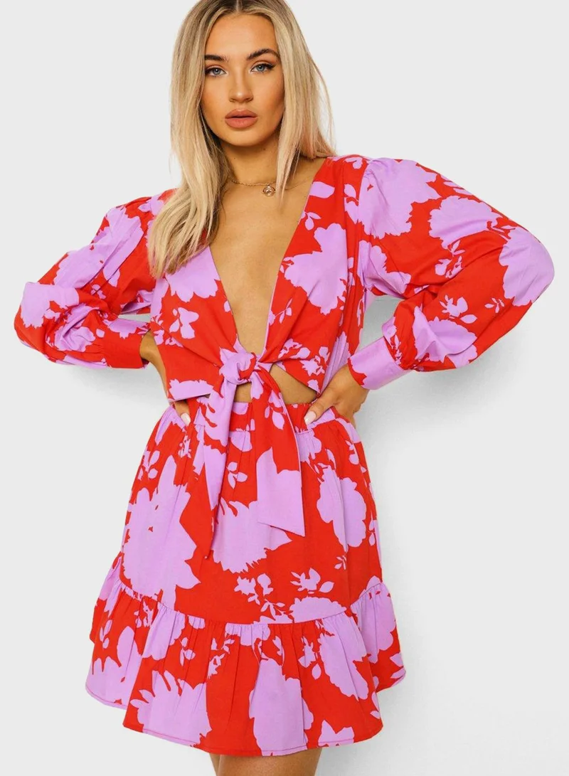 boohoo Tie Detail Printed Top & Skirt Set