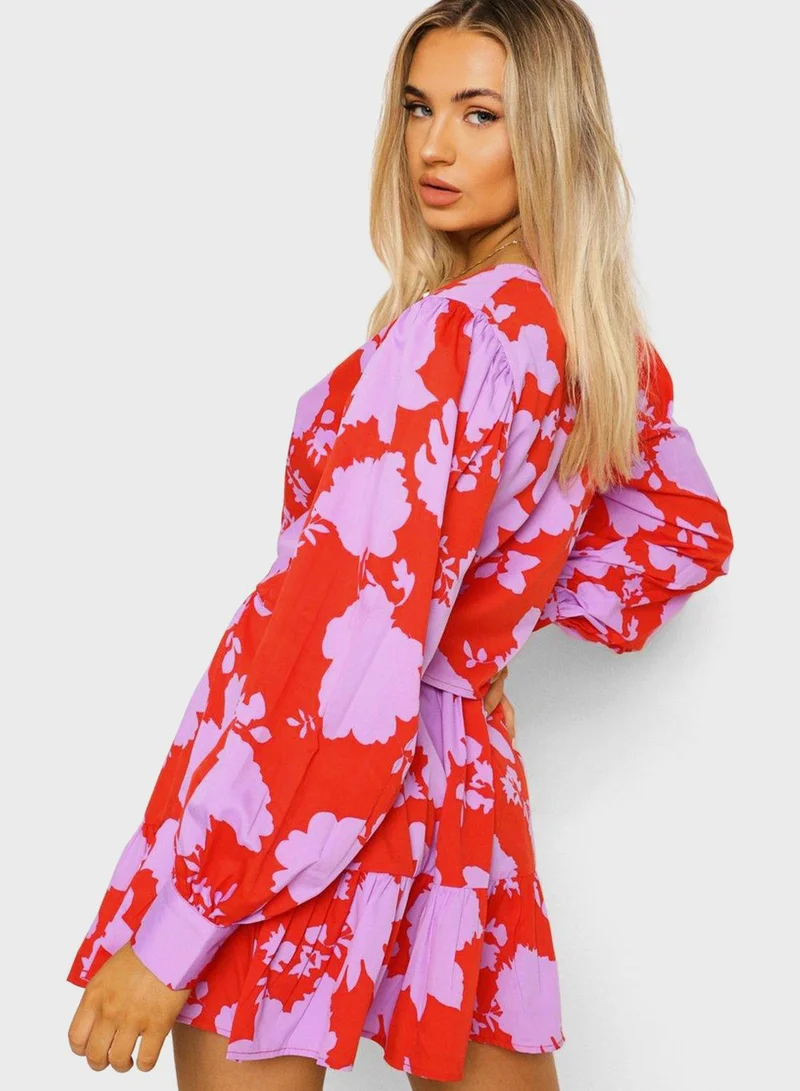 boohoo Tie Detail Printed Top & Skirt Set