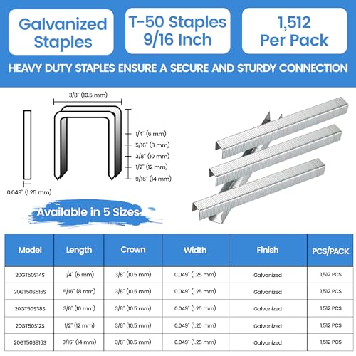 meite Staple Gun Staples 916 Inch Length Heavy Duty T50 Staples Galvanized 20 Gauge 38 Inch Crown Compatible with T50 Staple Gun Ideal for Upholstery Construction Furniture 1512 Counts - Image 3