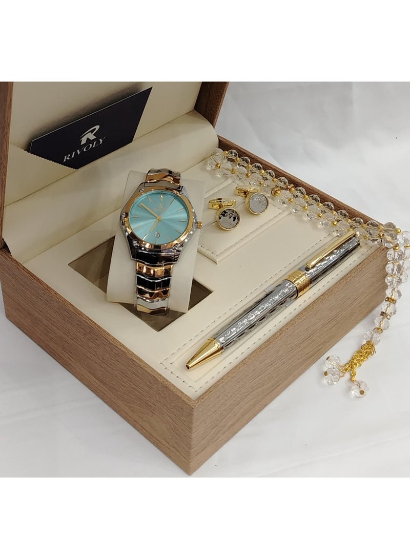 ريفولي طقم ساعة رجالي فاخر من الستانلس ستيل للهدايا مع قلم وأزرار أكمام وسبحة أنيقة - Image 1