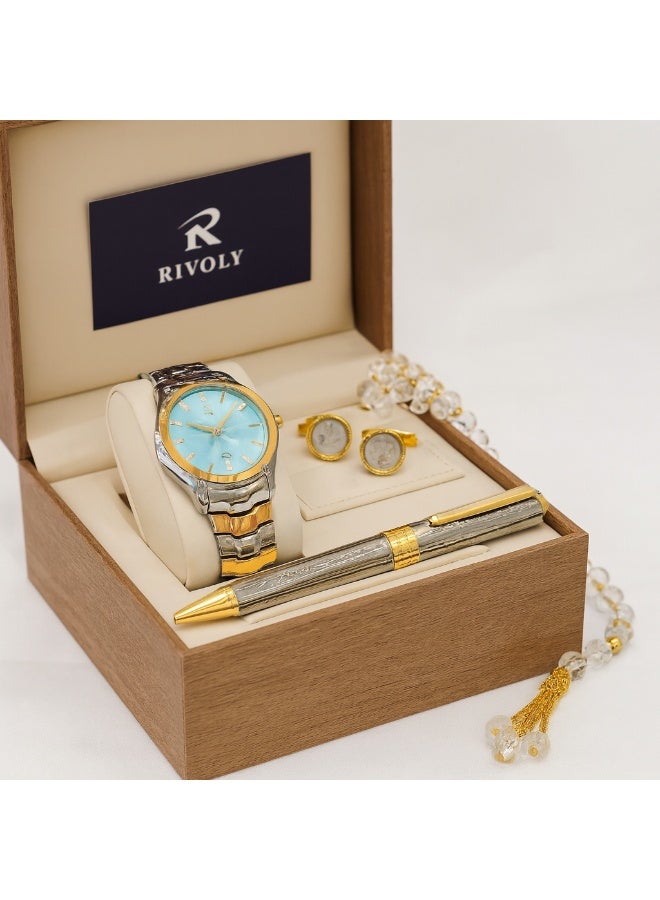 ريفولي طقم ساعة رجالي فاخر من الستانلس ستيل للهدايا مع قلم وأزرار أكمام وسبحة أنيقة - Image 2