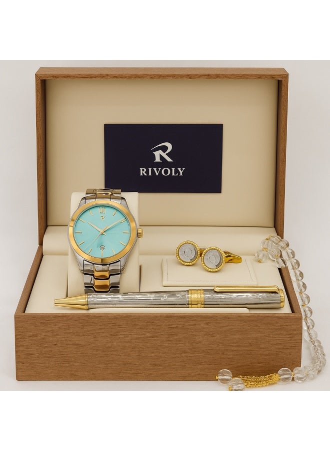 ريفولي طقم ساعة رجالي فاخر من الستانلس ستيل للهدايا مع قلم وأزرار أكمام وسبحة أنيقة - Image 3