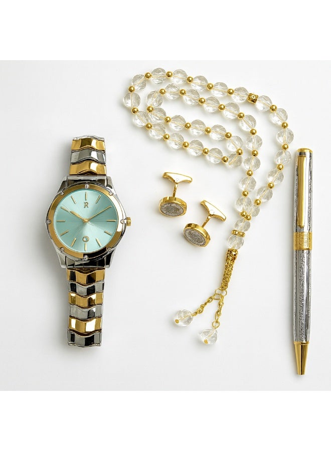 ريفولي طقم ساعة رجالي فاخر من الستانلس ستيل للهدايا مع قلم وأزرار أكمام وسبحة أنيقة - Image 4