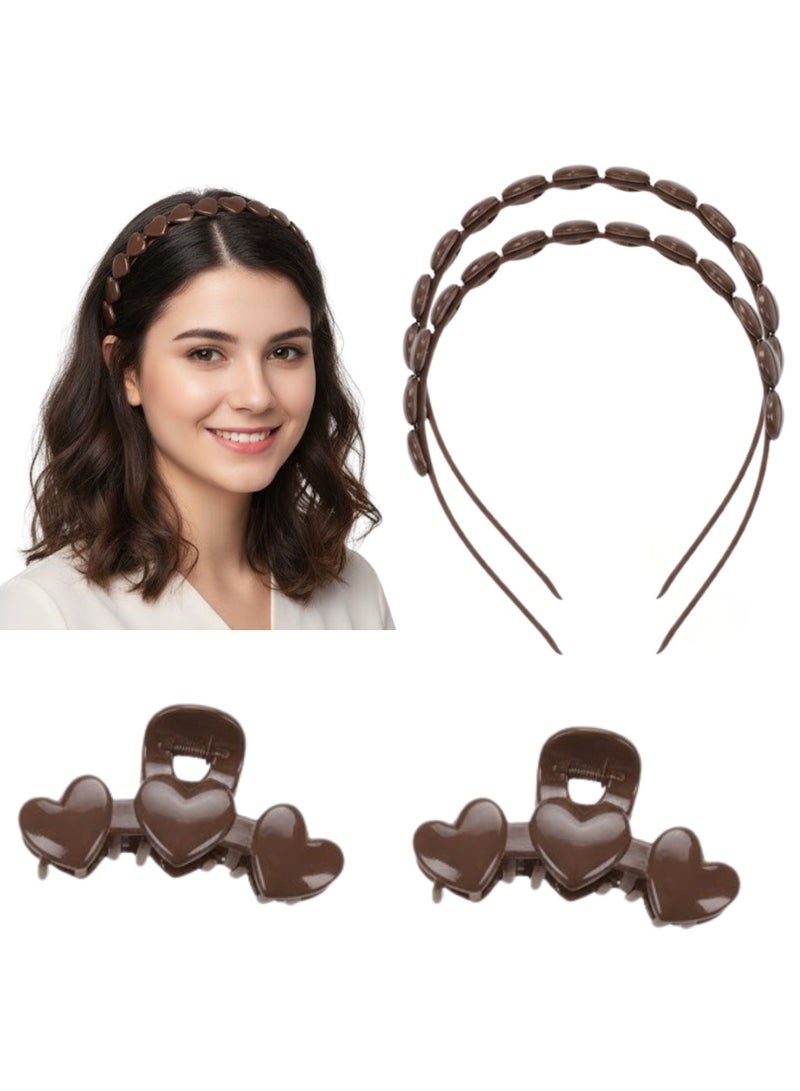 Dantiya 4 Pcs Hairbands and Claw Clips Set For Girls | Heart-Shaped Plastic Headband with Matching Hair Clips – Perfect for Thick and Thin Hair, Elegant Non-Slip Stylish Hair Accessories for Everyday Wear & Special Occasions, Perfect Gift for Her, Birthday, Thanksgiving, daughters & Friends – Brown Color - Image 1