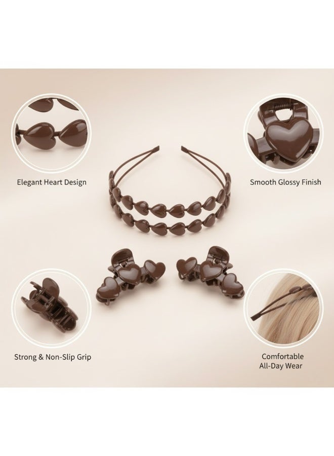 Dantiya 4 Pcs Hairbands and Claw Clips Set For Girls | Heart-Shaped Plastic Headband with Matching Hair Clips – Perfect for Thick and Thin Hair, Elegant Non-Slip Stylish Hair Accessories for Everyday Wear & Special Occasions, Perfect Gift for Her, Birthday, Thanksgiving, daughters & Friends – Brown Color - Image 2
