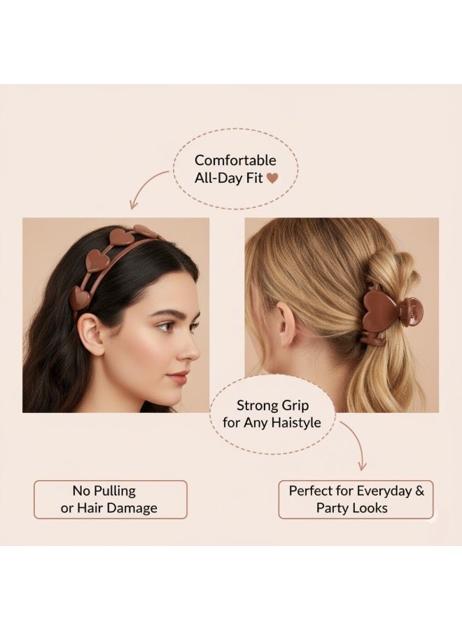 Dantiya 4 Pcs Hairbands and Claw Clips Set For Girls | Heart-Shaped Plastic Headband with Matching Hair Clips – Perfect for Thick and Thin Hair, Elegant Non-Slip Stylish Hair Accessories for Everyday Wear & Special Occasions, Perfect Gift for Her, Birthday, Thanksgiving, daughters & Friends – Brown Color - Image 5