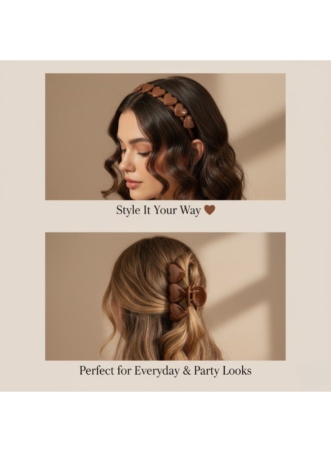 Dantiya 4 Pcs Hairbands and Claw Clips Set For Girls | Heart-Shaped Plastic Headband with Matching Hair Clips – Perfect for Thick and Thin Hair, Elegant Non-Slip Stylish Hair Accessories for Everyday Wear & Special Occasions, Perfect Gift for Her, Birthday, Thanksgiving, daughters & Friends – Brown Color - Image 3