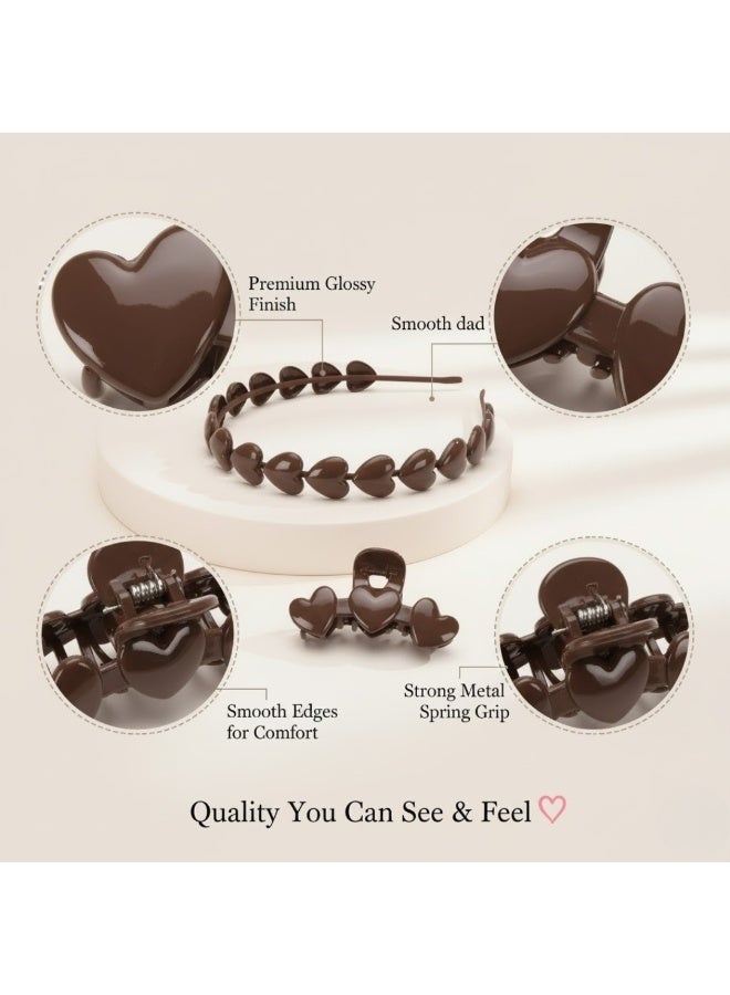 Dantiya 4 Pcs Hairbands and Claw Clips Set For Girls | Heart-Shaped Plastic Headband with Matching Hair Clips – Perfect for Thick and Thin Hair, Elegant Non-Slip Stylish Hair Accessories for Everyday Wear & Special Occasions, Perfect Gift for Her, Birthday, Thanksgiving, daughters & Friends – Brown Color - Image 4