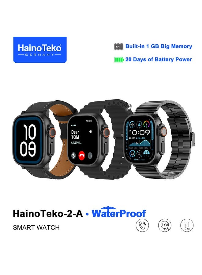 Haino Teko HainoTeko 2A Smart Watch – Ultra Design, Bluetooth Call, 20-Day Battery, AMOLED Display, Waterproof, 1GB Built-in Memory, Music & E-Book Download, ChatGPT, with 3 Straps (Stainless, Leather & Silicone), Black Dial - Image 1
