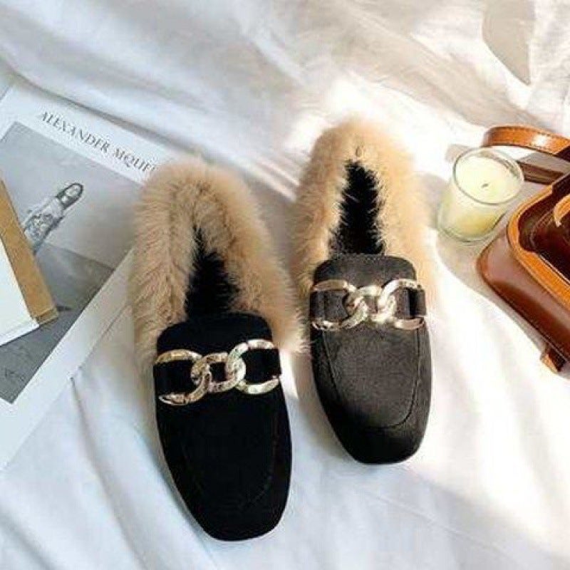 Trendy Flat Heel Womens Moccasins Black*a27 cloth large chain
