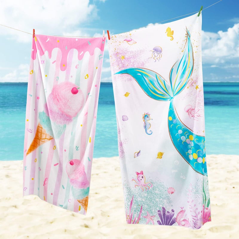 WERNNSAI Kids Beach Towel for Girls - 30â€ x 60â€ Ice Cream Sand Free Swim Towels for Girls Bath Pool Camping Travel Towel Quick Dry Ultra Absorbent Super Soft Beach Blanket Bath Shower Towel - Image 2