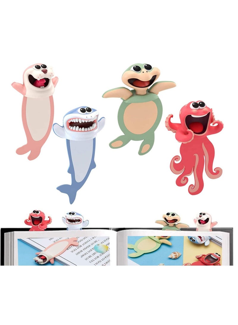Y&D Bookmarks for Kids 3D Wacky Bookmark Animal Cartoon Ocean Series Funny Stationery Birthday Party Favors Student Teens Boys Girls Help with Reading, 4 PCS - Image 1