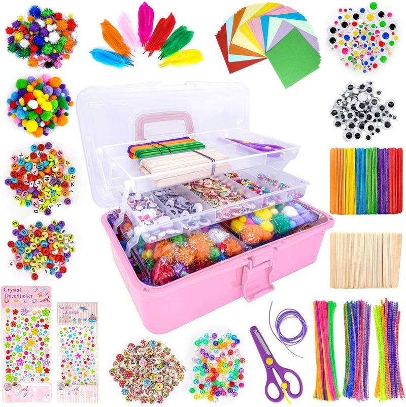 kortes Jumbo Art and Craft Supplies for Boys and Girls, Toddler DIY Craft Art Supply Set Included Pipe Cleaners, Pom Poms, Feather, Folding Storage Box - All in One for Craft DIY Art Supplies (F0-Pink) - Image 1