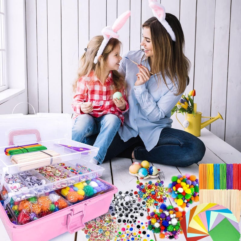 kortes Jumbo Art and Craft Supplies for Boys and Girls, Toddler DIY Craft Art Supply Set Included Pipe Cleaners, Pom Poms, Feather, Folding Storage Box - All in One for Craft DIY Art Supplies (F0-Pink) - Image 5