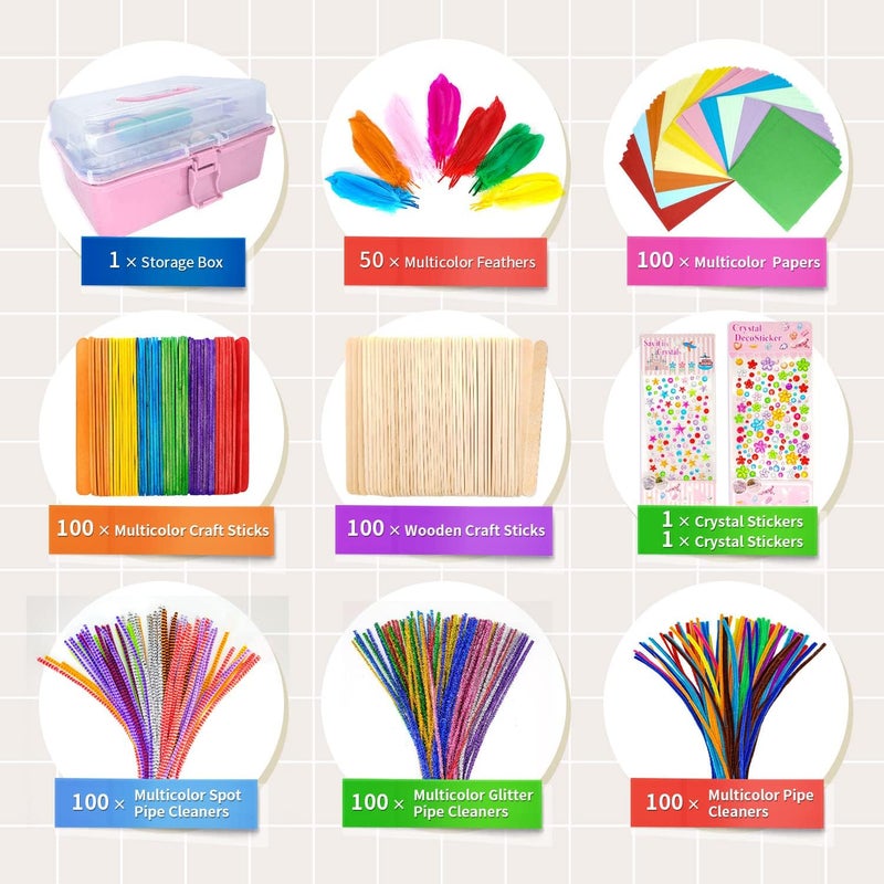 kortes Jumbo Art and Craft Supplies for Boys and Girls, Toddler DIY Craft Art Supply Set Included Pipe Cleaners, Pom Poms, Feather, Folding Storage Box - All in One for Craft DIY Art Supplies (F0-Pink) - Image 2
