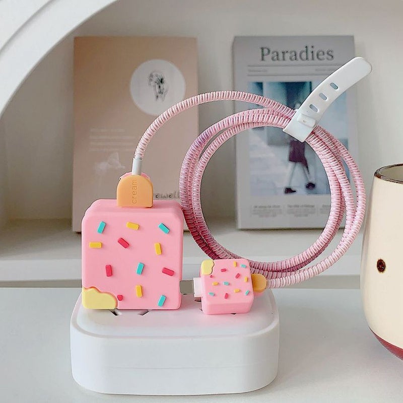 1pc Adorable Pink Ice Cream Themed Charger Cable Protector Compatible With Iphone 18W 20W Cute Data Cable Protector For Storage And Reinforcement To Prevent Breakage - Image 1